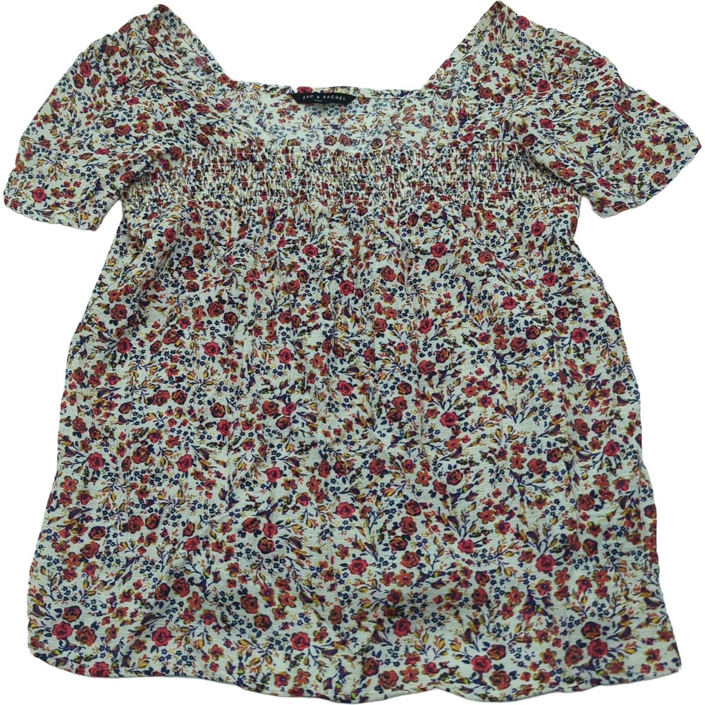 Zac & Rachel Floral Smocked Square Neck Blouse Red Purple Cream Small